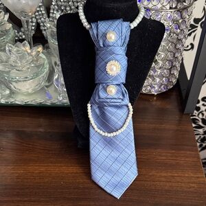 Blue Plaid Tie with Pearl Accents